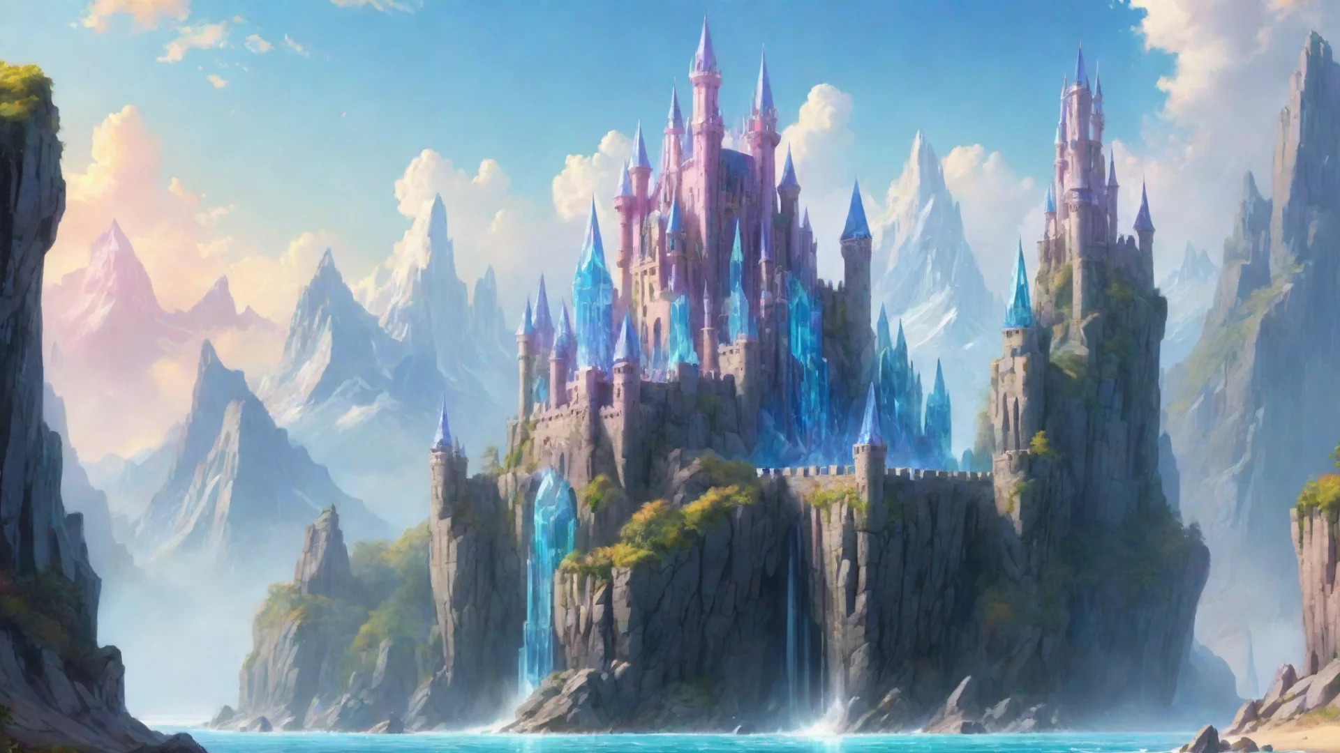 trending castle fantasy landscape with giant crystal build on giant crystal cliffs bright colors fantasy good looking fantastic 1 wide