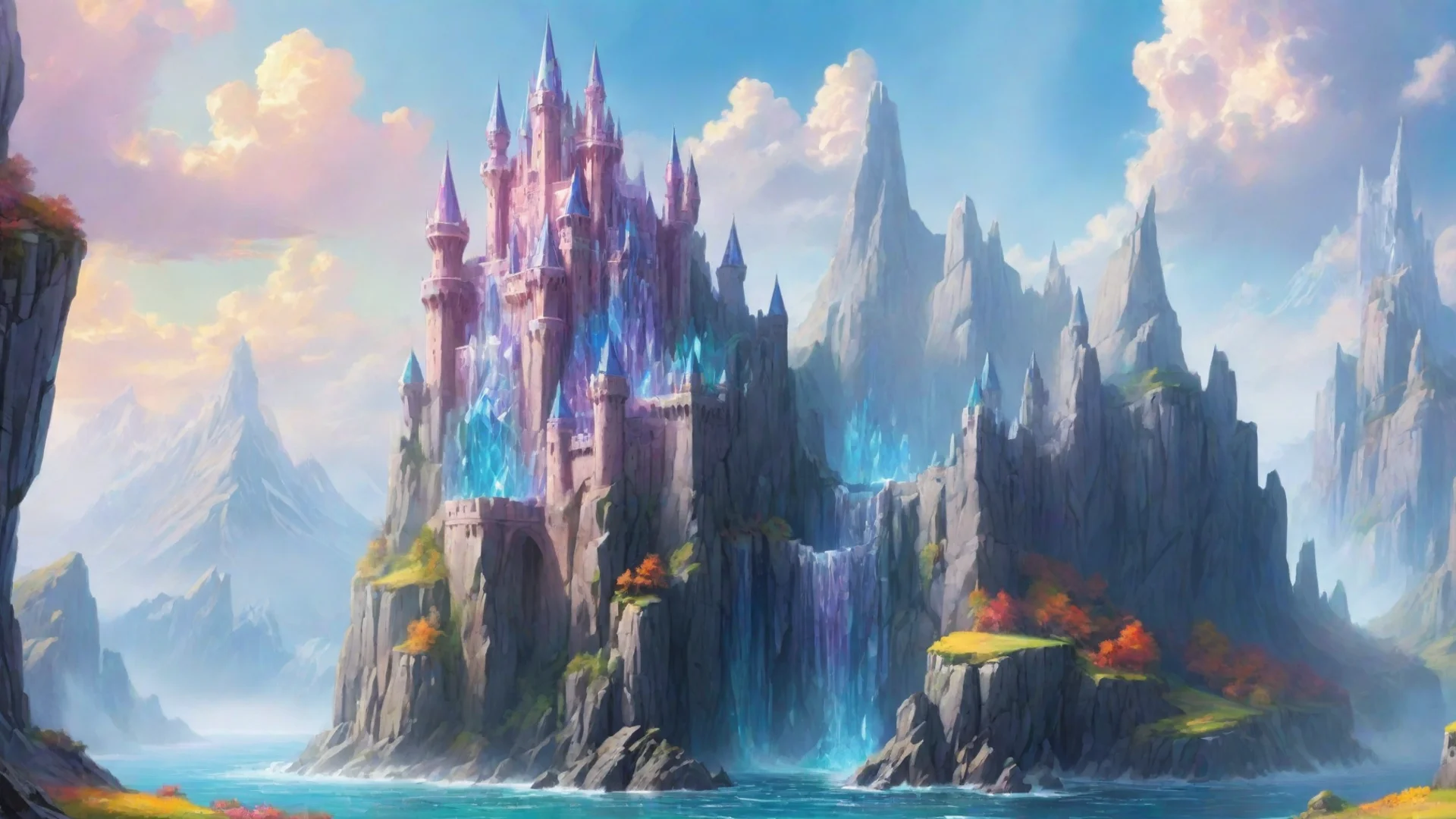 aitrending castle fantasy landscape with giant crystal build on giant crystal cliffs bright colors good looking fantastic 1 wide