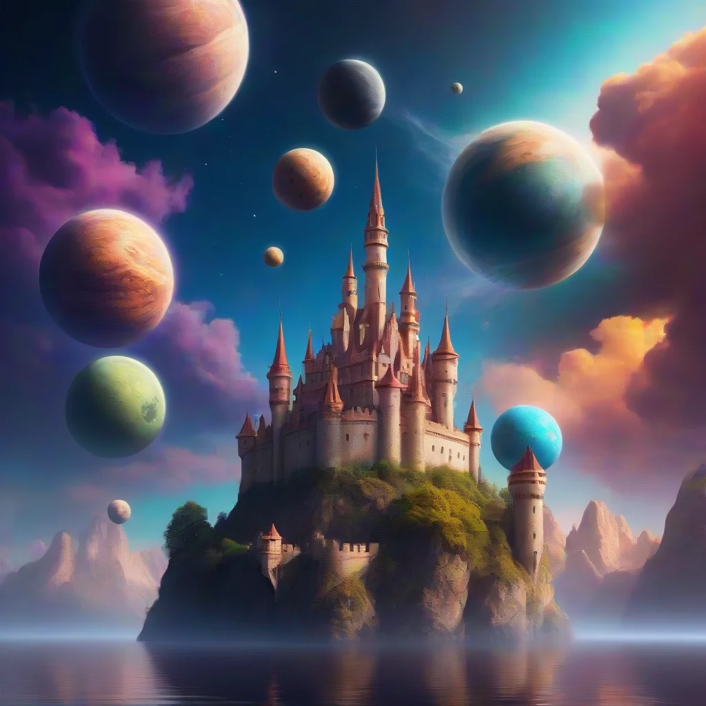 trending castle in relaxing calming colorful world with floating planets in sky good looking fantastic 1
