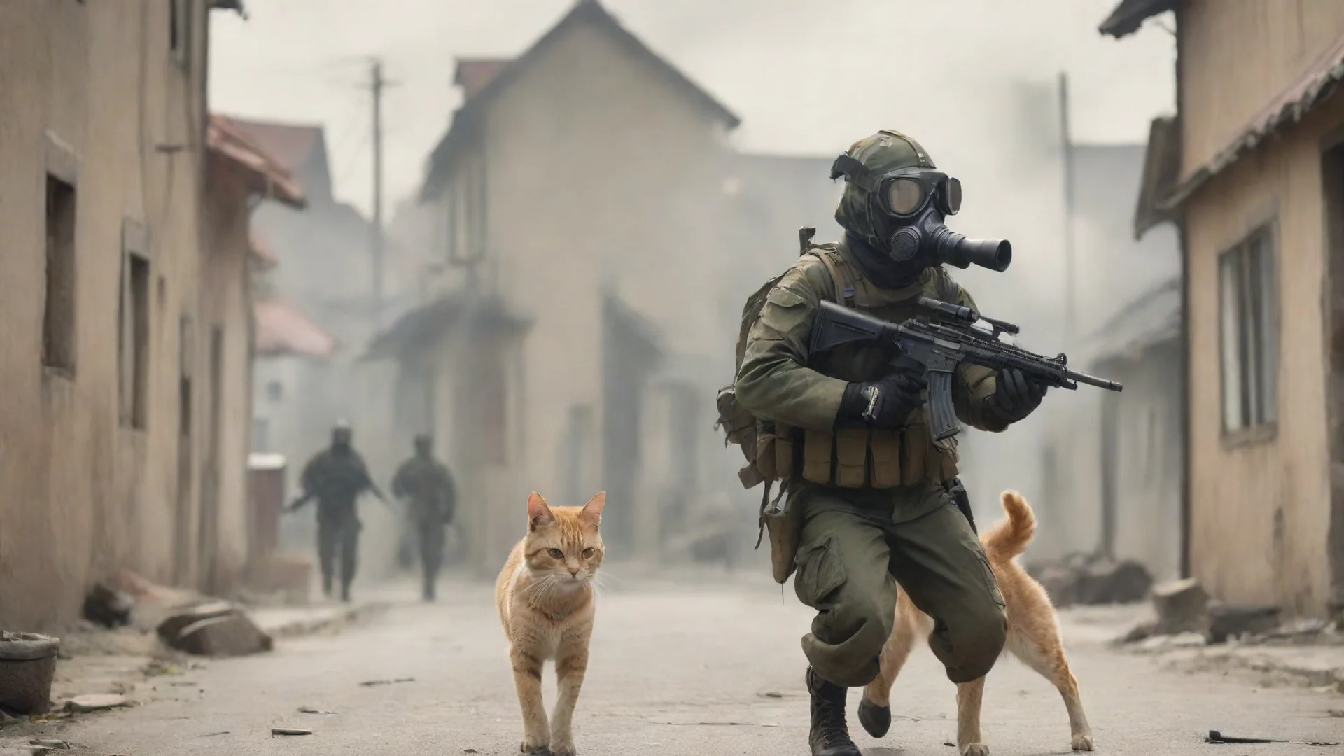 aitrending cat soldier with gas mask shooting dog soldier in a small town good looking fantastic 1 wide