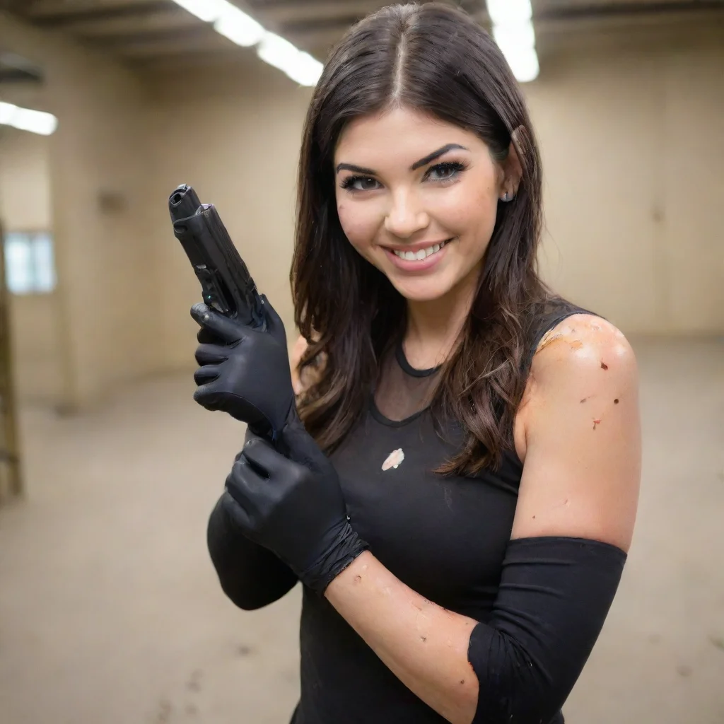 trending cathy kelley  from wwe smiling with black nitrile gloves and gun at a shooting range and mayonnaise splattered everywhere good looking fantastic 1