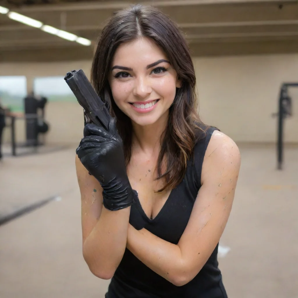aitrending cathy kelley sportskeeda  smiling with black nitrile gloves and gun at a shooting range and mayonnaise splattered everywhere good looking fantastic 1