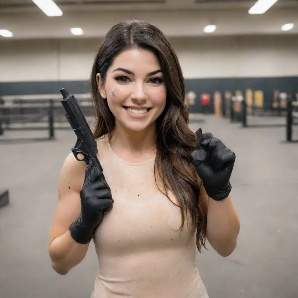 aitrending cathy kelley wwe smiling with black nitrile gloves and gun at a shooting range and mayonnaise splattered everywhere good looking fantastic 1