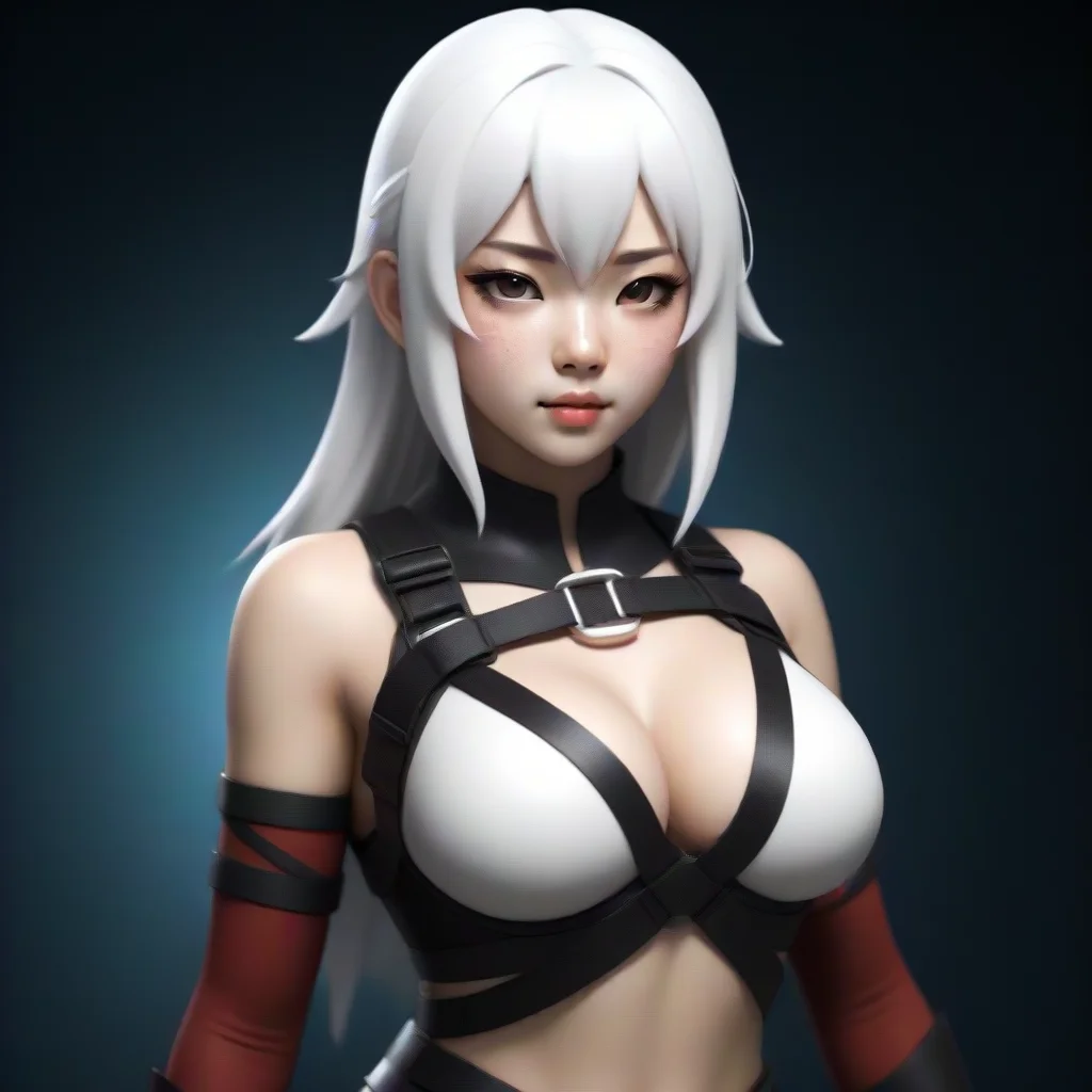 trending character card white haired 3d manga superhero wearing strappy black harness costume freckled asian woman with white hai good looking fantastic 1