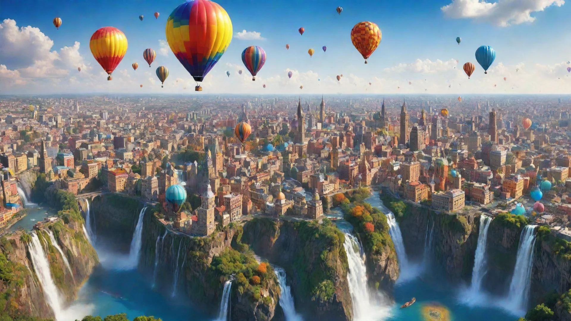 trending city with flying colorful hot air baloons cities waterfalls crystals rainbows planets ins sky extreme color lovely color contrast amazing good looking fantastic 1 wide