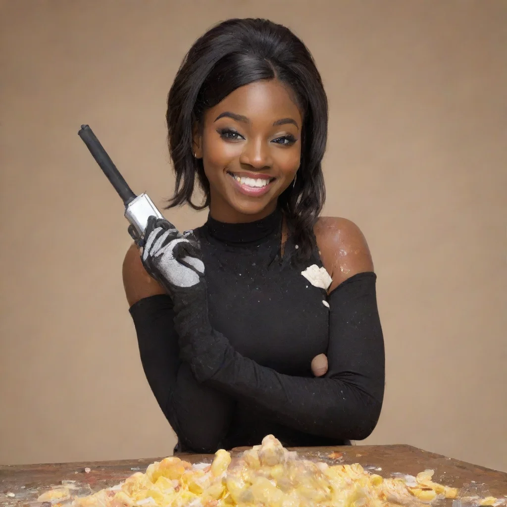 aitrending coco jones smiling with black gloves and gun and mayonnaise splattered everywhere good looking fantastic 1