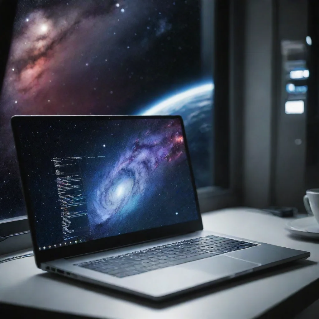 aitrending coding on laptop space station other galaxy in window aesthetic hd good looking fantastic 1