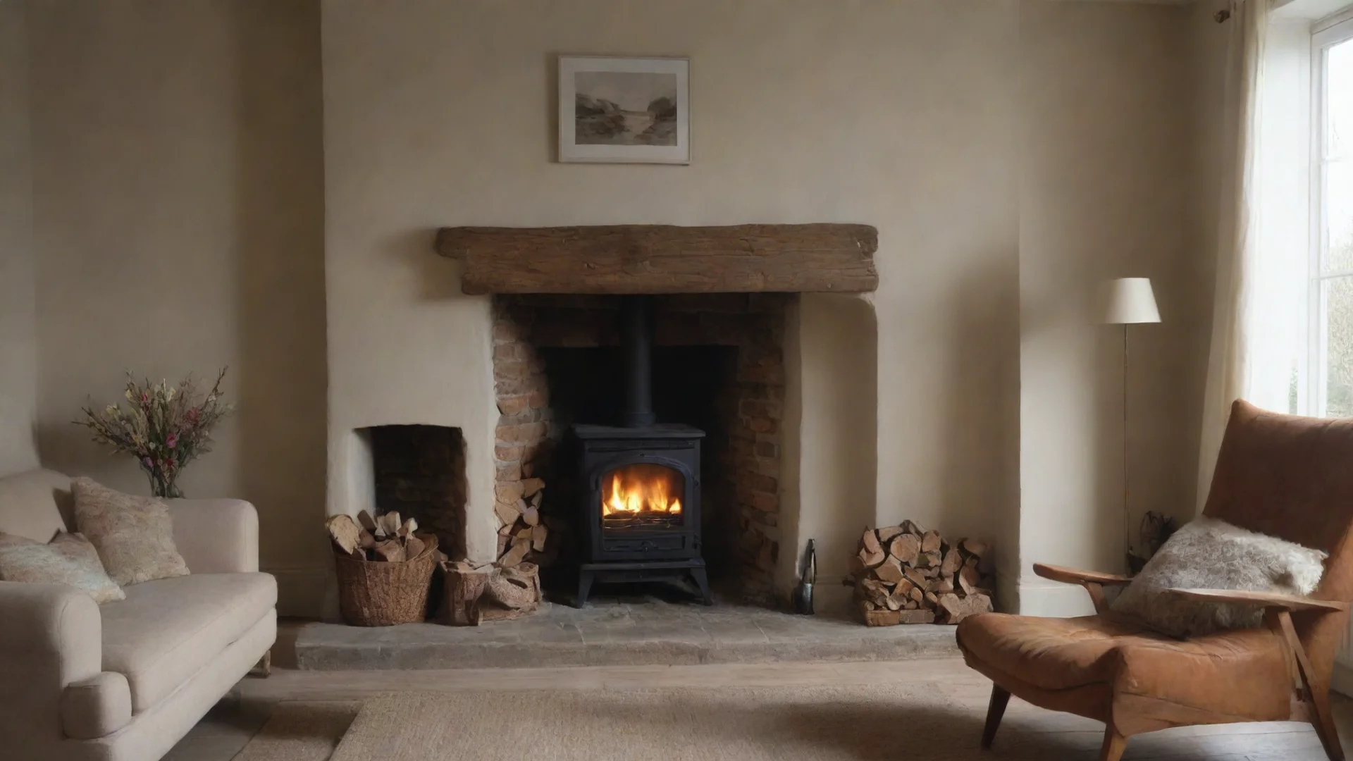 aitrending cosy living room scene%2C big chair facing the viewer%2C fireplace without a fireand large turned off tv on the wall good looking fantastic 1 wide
