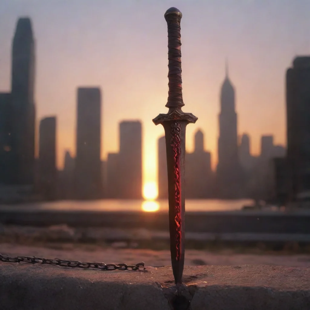 aitrending crimson sword%2C chain%2C sword impaling ground%2C city%2C evening%2C setting sun%2C small sword good looking fantastic 1