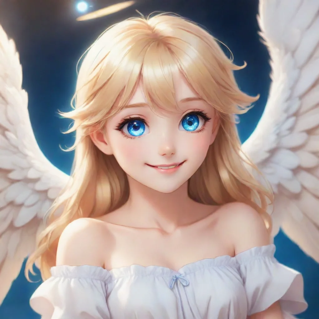 trending cute anime blonde angel with blue eyes smiling. good looking fantastic 1