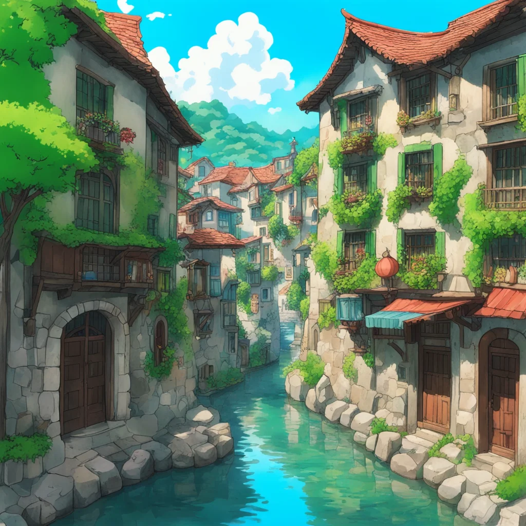 trending cute anime ghibli stone shop in town 5 storey lakes canals adorable cobbled town calming colors lake around shop hills green and sky blue in background good looking fantastic 1