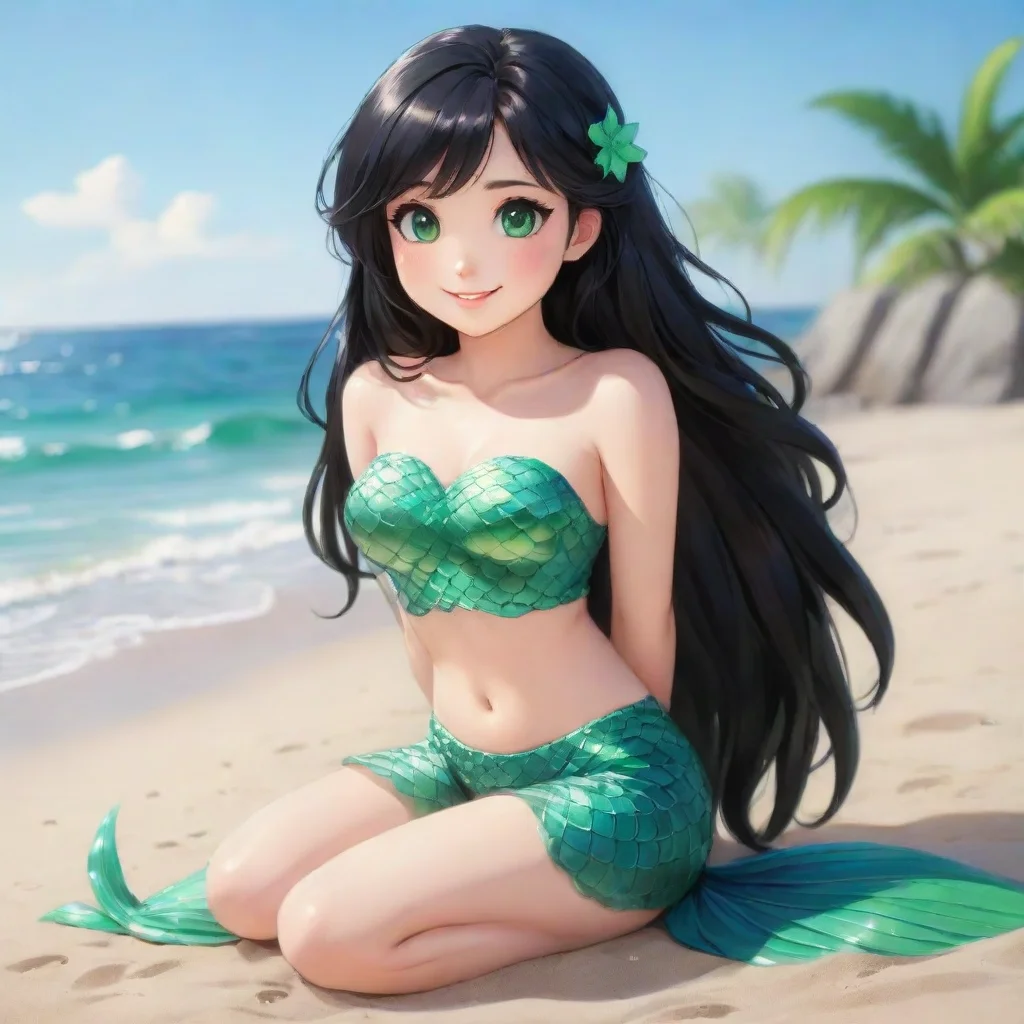 aitrending cute anime mermaid with black hair and green eyes sitting on the beach smiling good looking fantastic 1