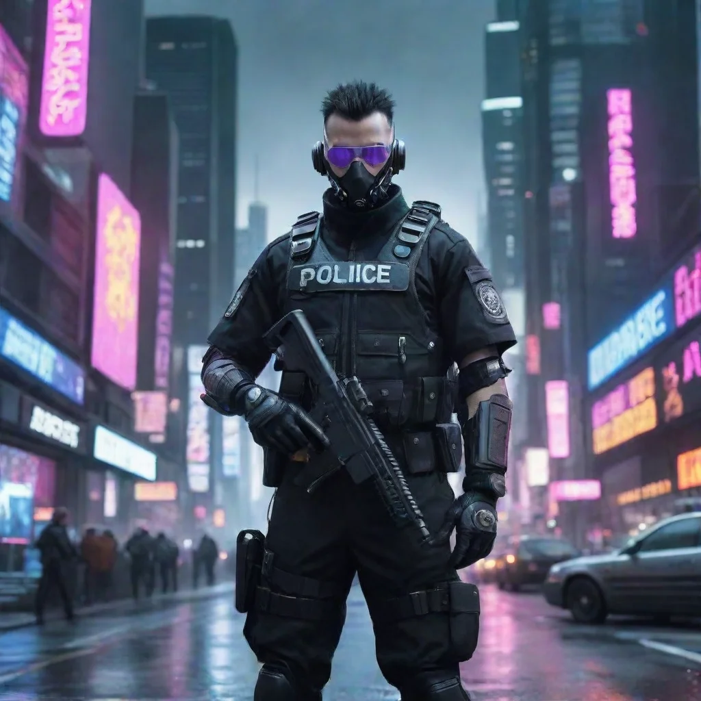 trending cyber punk police man in large city good looking fantastic 1