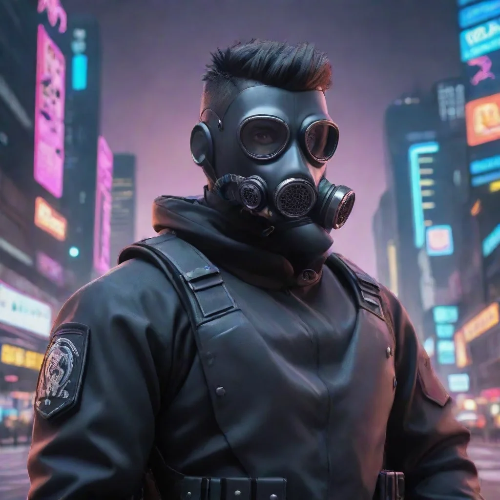 trending cyber punk police man wearing gas mask in large city with cartoon style good looking fantastic 1