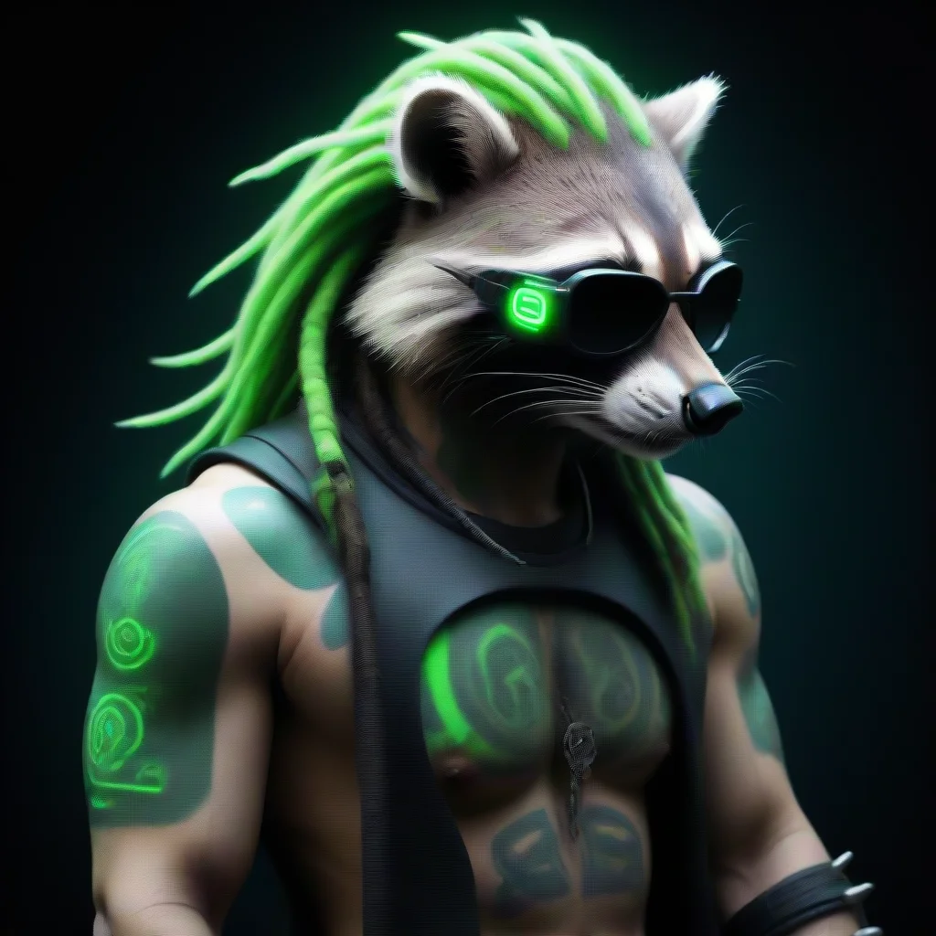 trending cyberpunk dreadlocked tattooed racoon neon green badass good looking fantastic 1