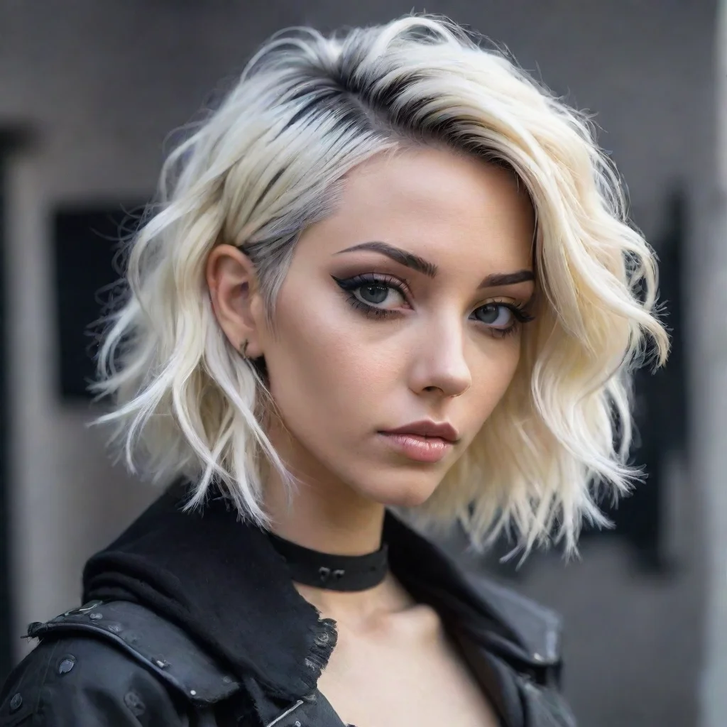 aitrending cyberpunk nomad with platinum blonde wavy bob with black roots good looking fantastic 1