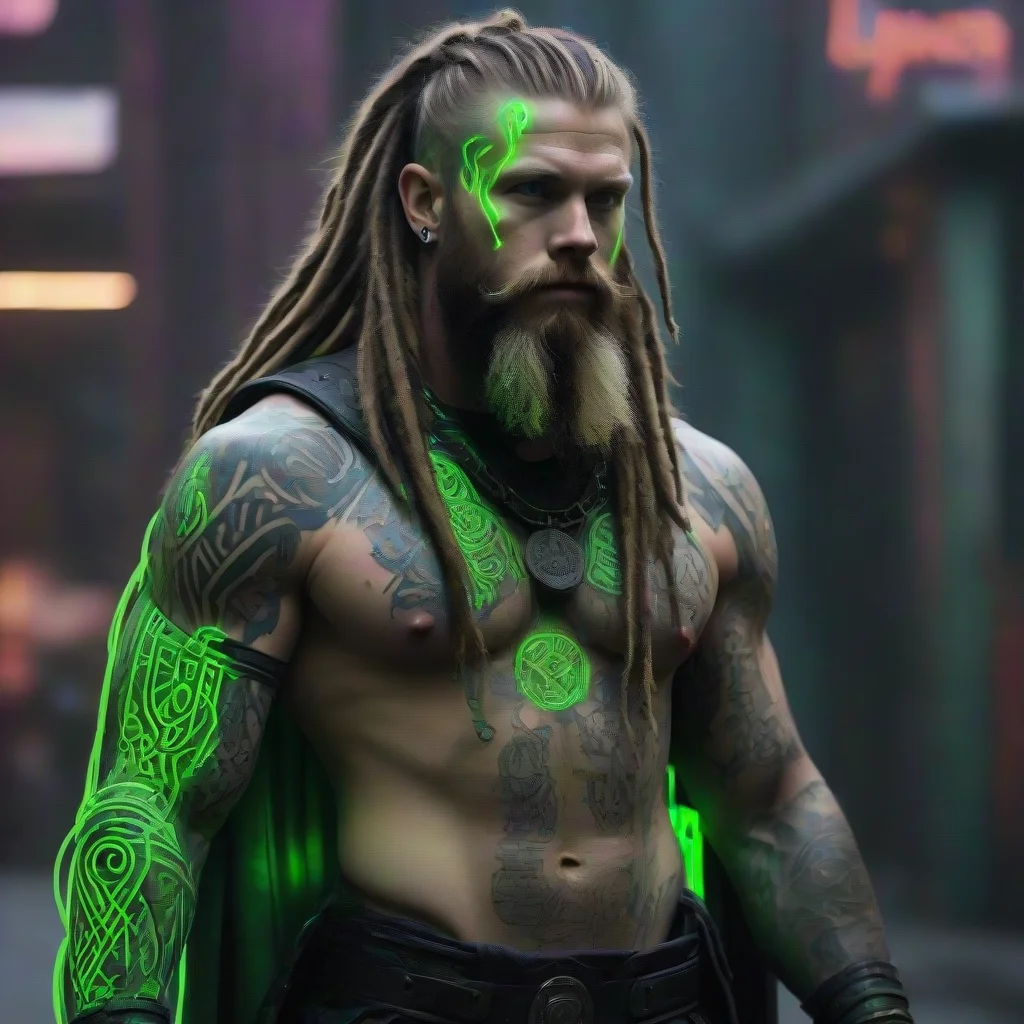 trending cyberpunk viking neon green light tattooed bearded dreadlocks wild holy thor matrix  good looking fantastic 1