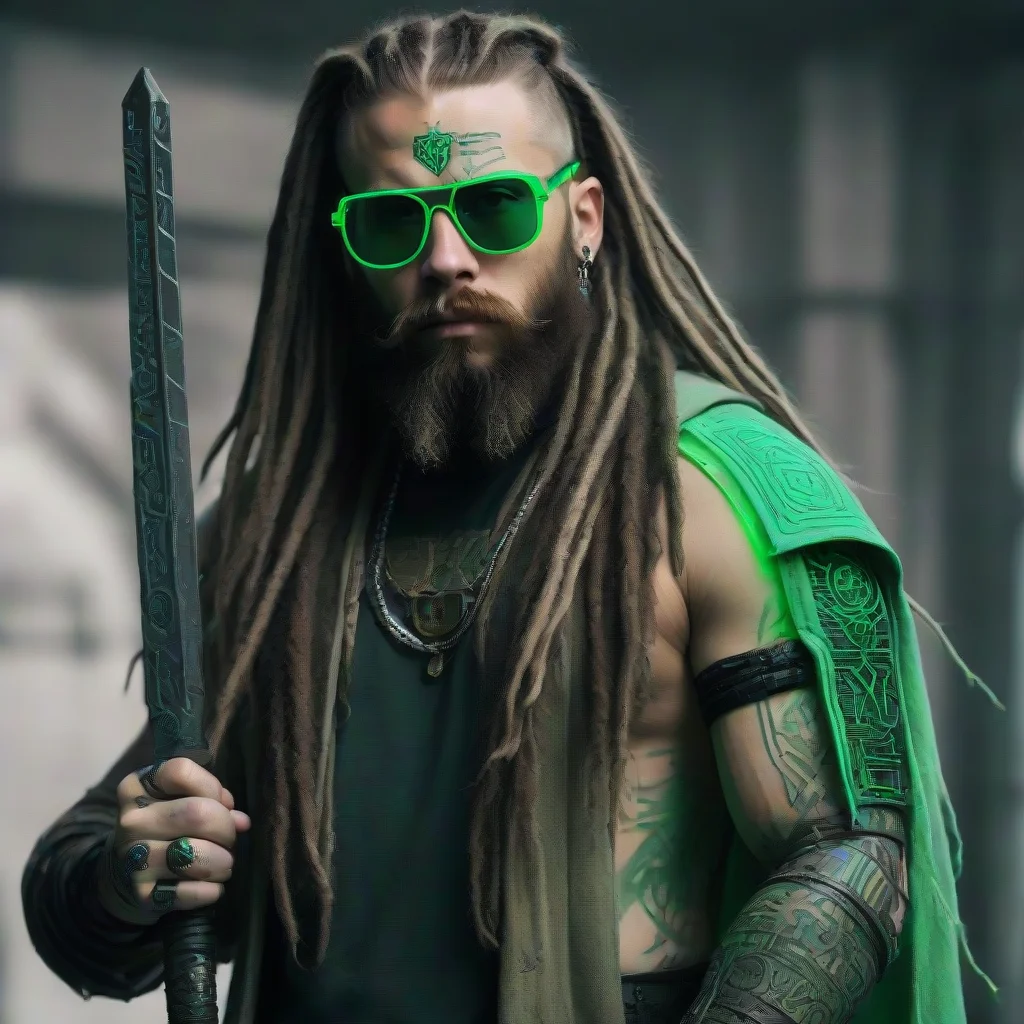 trending cyberpunk viking neon tattooed bearded dreadlocks wild holy sword god matrix sunglasses green good looking fantastic 1