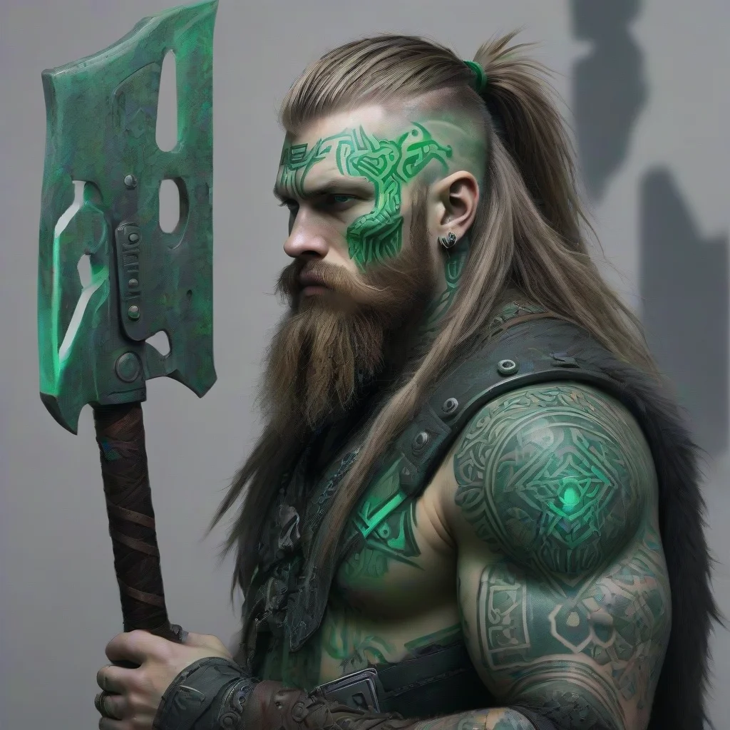 aitrending cyberpunk viking wild axe matrix green tattoo beard long hair good looking fantastic 1