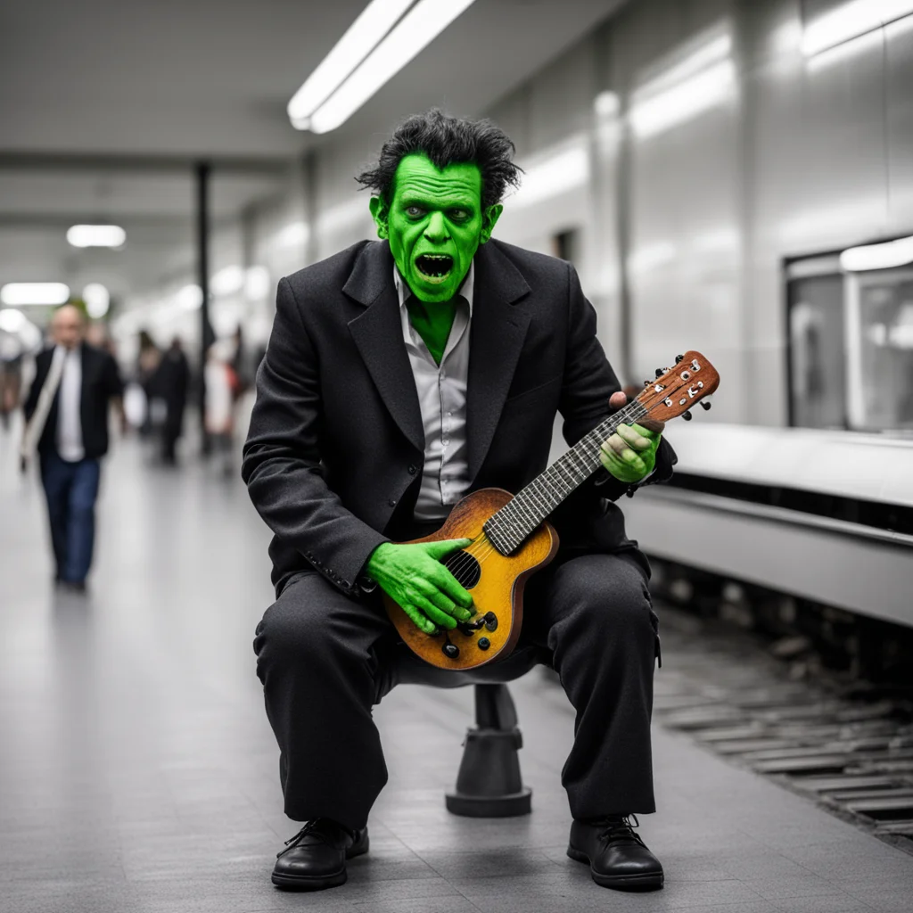 aitrending daniel melero disguised as frankenstein%C2%B4s monstersinging andplaying a ukelele in a railway station in the style of black good looking fantastic 1
