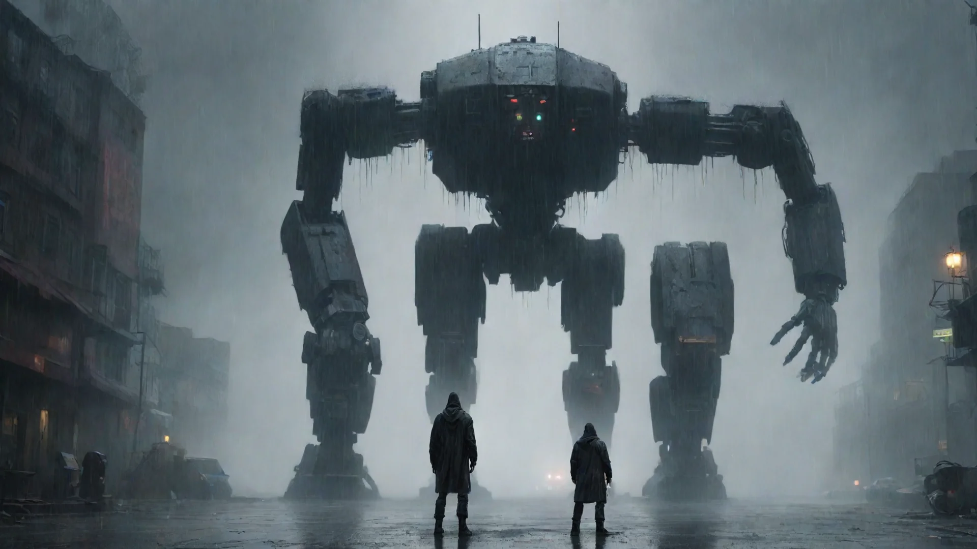 aitrending dark fantasy%2C lone man facing a giant cyber robot during a rain storm in a post apocalyptic city good looking fantastic 1 wide