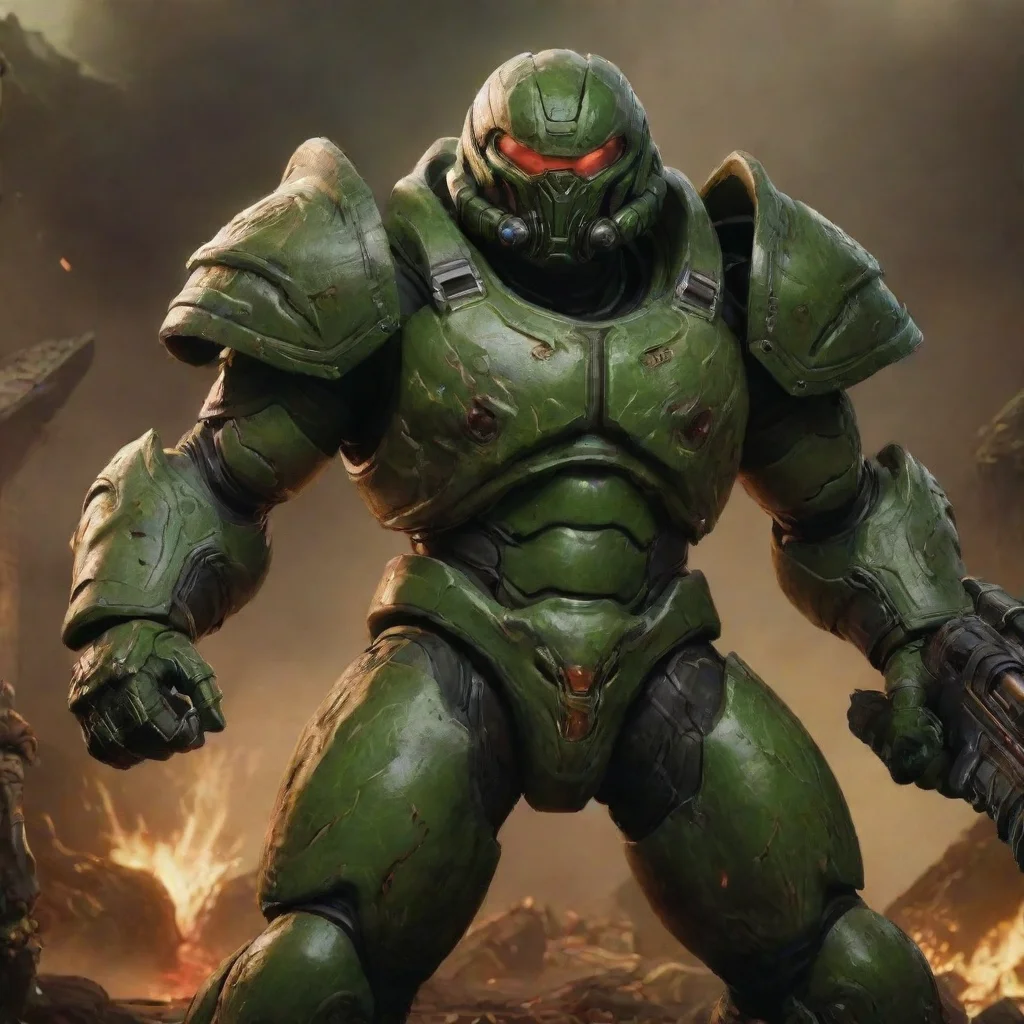 aitrending ddom eternal video game%2C doom slayer%2C green armor%2C fighting demons%2C masculine%2C realistic%2C epic good looking fantastic 1