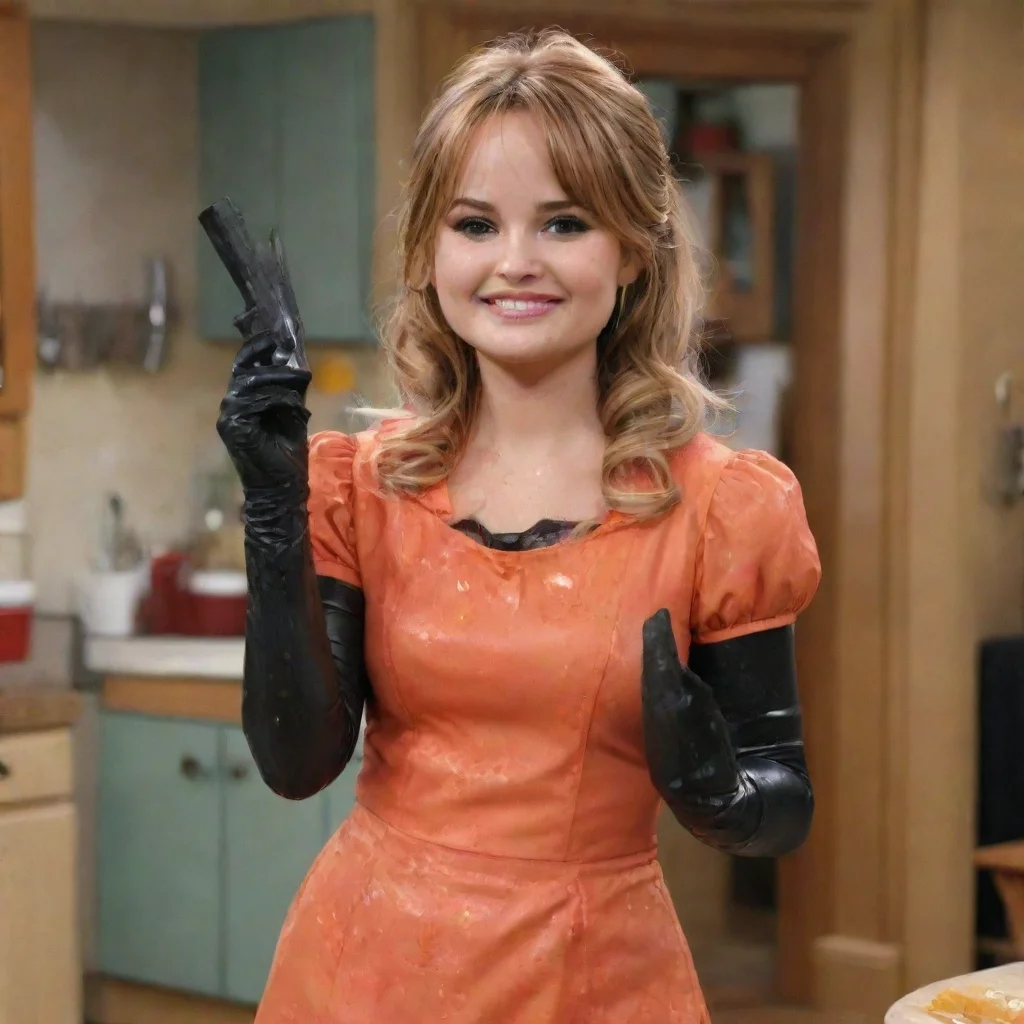 aitrending debby ryan as bailey pickett from suite life on deck  smiling with black nitrile gloves and gun and mayonnaise splattered everywhere good looking fantastic 1
