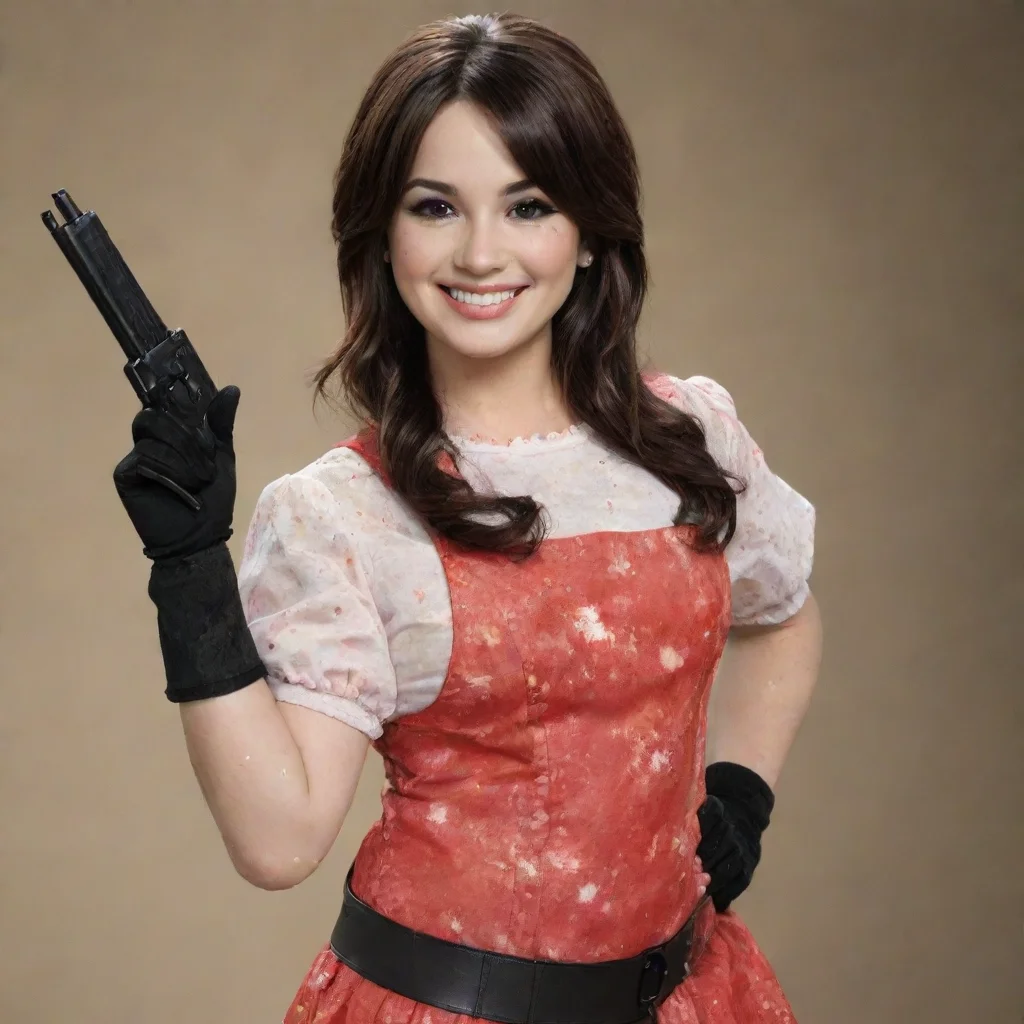 aitrending demi levato actress as sonny munroe from sonny with a chance smiling with black gloves and gun and mayonnaise splattered everywhere good looking fantastic 1
