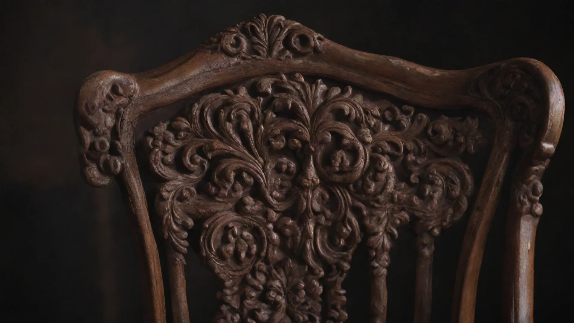 aitrending detail view of an ornate chair back dark brown at the edge blurred with high craftsmanship and dark background good looking fantastic 1 hdwidescreen