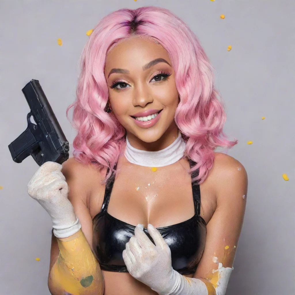 trending doja cat rapper smiling with black deluxe nitrile  gloves  and gun and mayonnaise splattered everywhere good looking fantastic 1