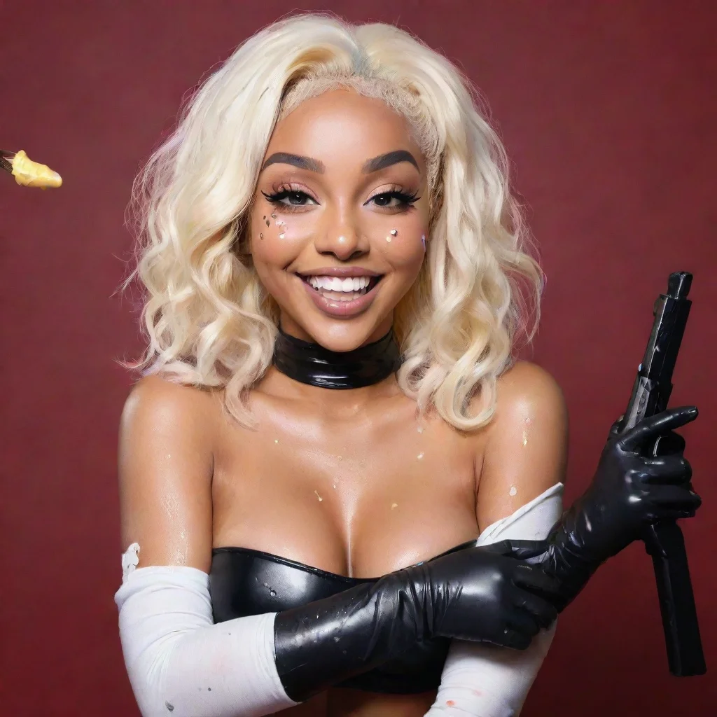 aitrending doja cat smiling with black deluxe nitrile  gloves  and gun and mayonnaise splattered everywhere good looking fantastic 1