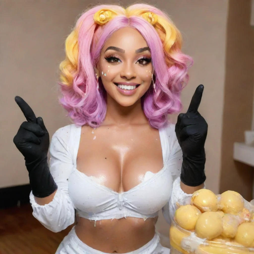 trending doja cat smiling with black deluxe nitrile  gloves and gun and mayonnaise splattered everywhere good looking fantastic 1