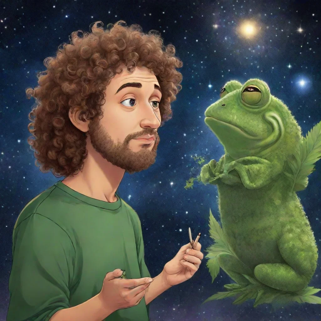 aitrending draw a cartoon picture of a curly haired greek philosopher talking to a frog with marijuana leaves and galaxies in the background  good looking fantastic 1