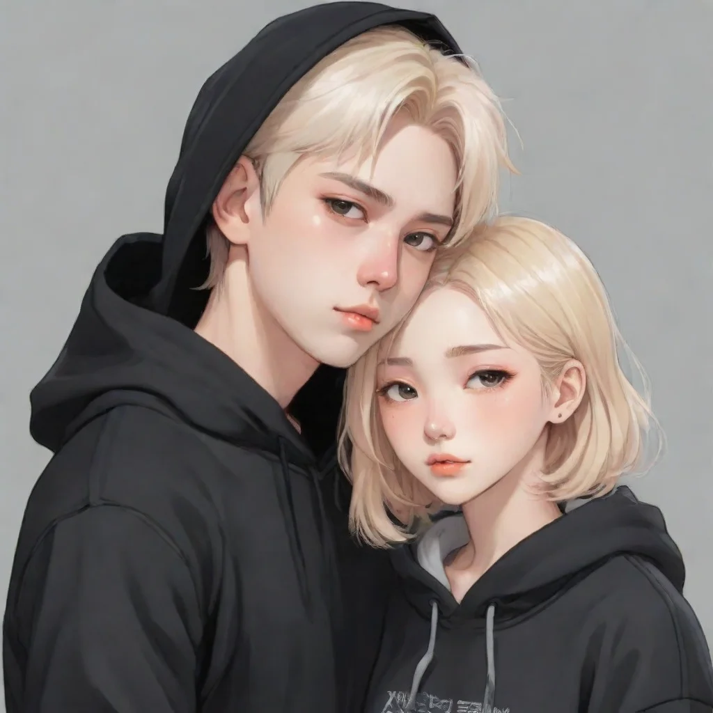 aitrending draw me a korean guy with blond hair%2C wearing a black hoddie and patting a korean girl with short wolf cut hair and is blushing korean manhwa art style  good looking fantastic 1