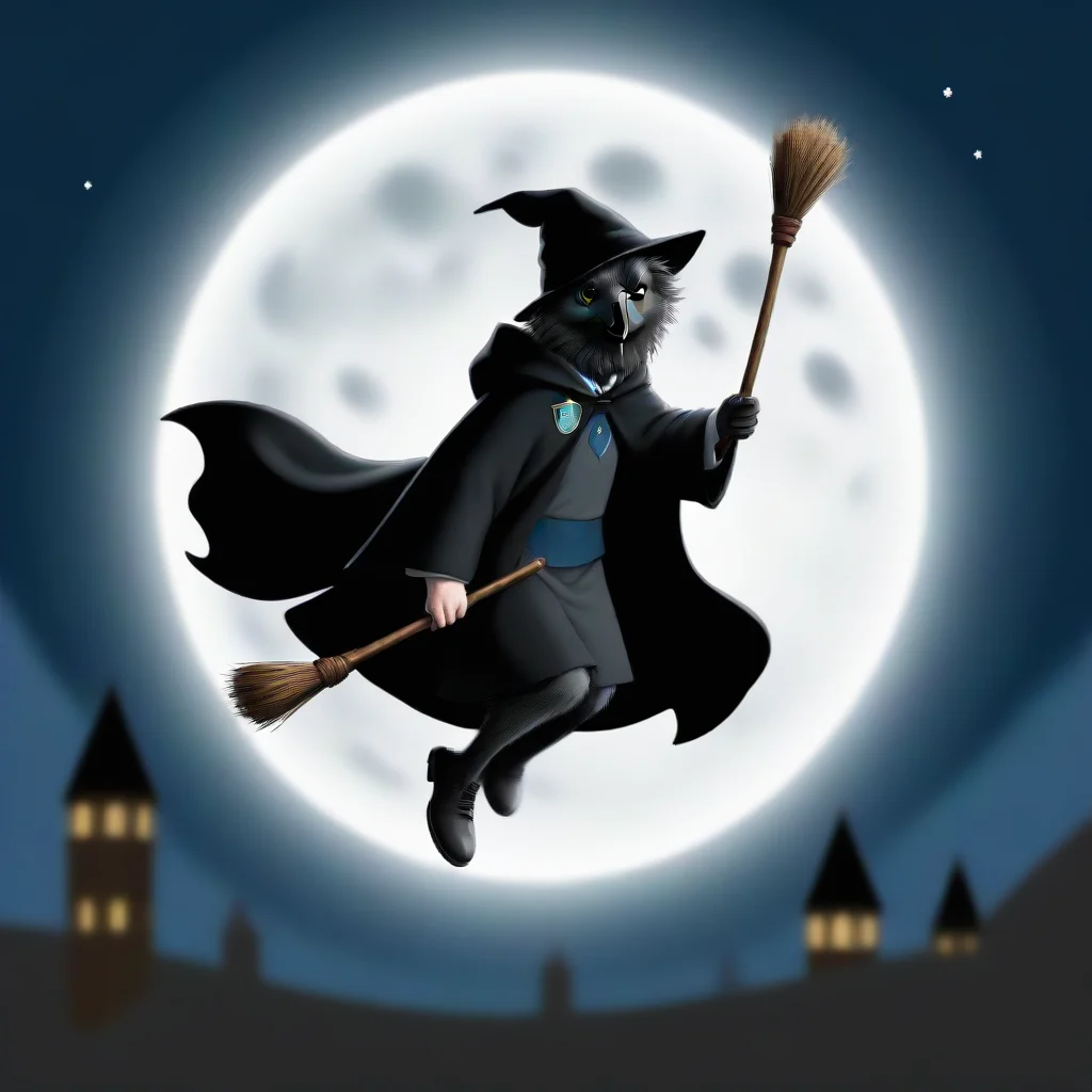 trending drawn pop of harry potter riding a broom while holding his wand. the background is blue. their is a small full white moon in the background and 2 black ravens. he is wearing a