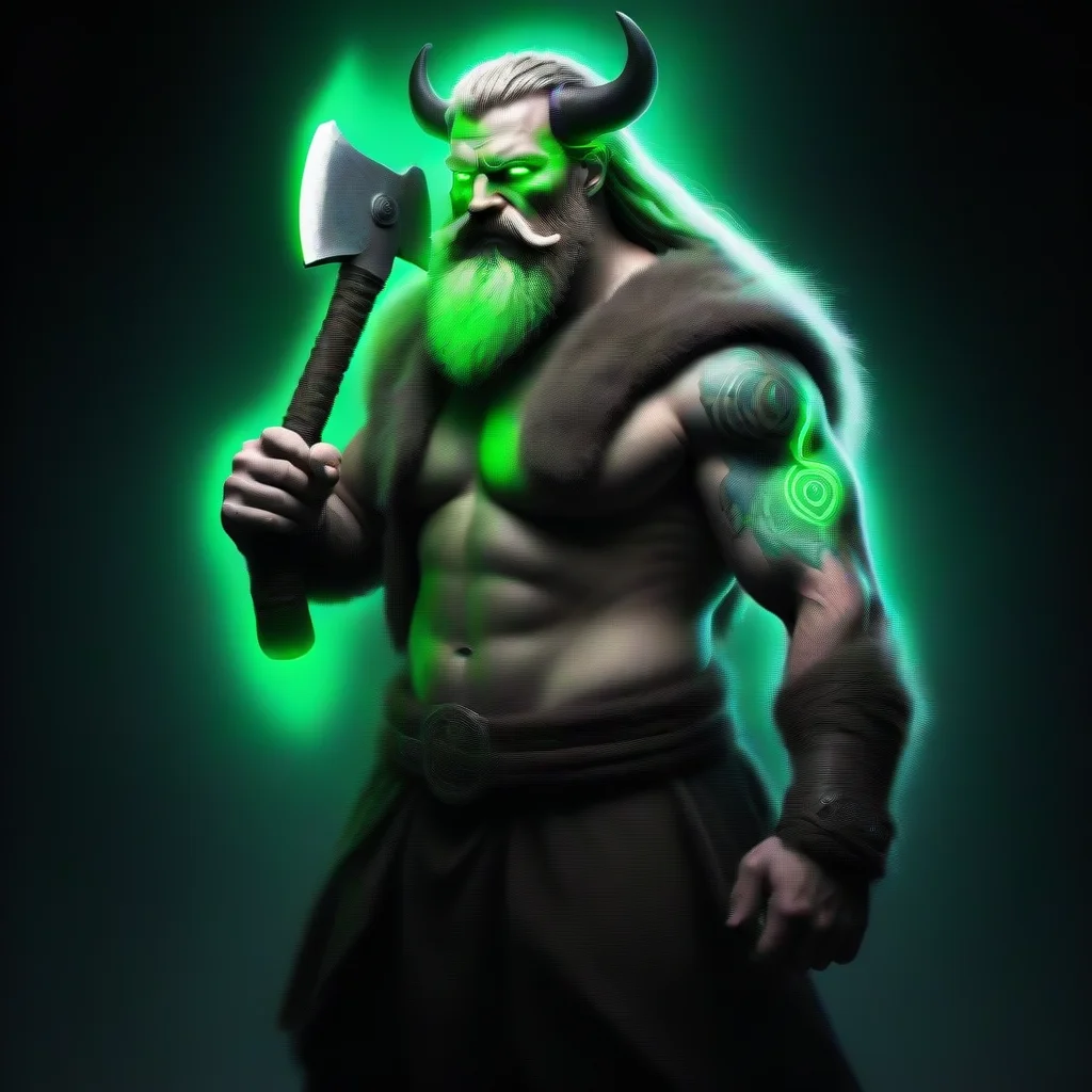 aitrending dreadlocked  bearded glowing neon green tattooed cyberpunk viking berserk with big axe good looking fantastic 1