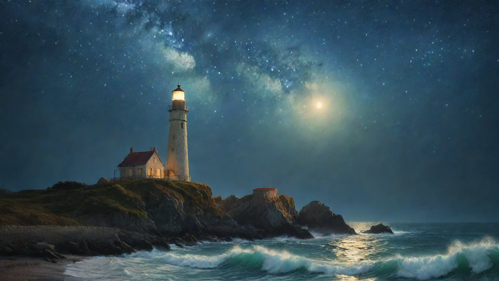trending dreamy lighthouse  dramatic lighting van gogh starry night magical atmosphere by renato muccillo a good looking fantastic 1 wide