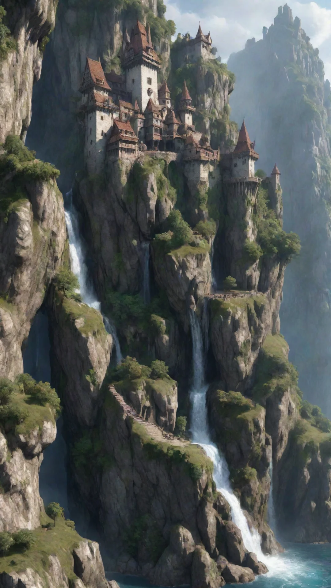 trending elfish castle on extreme cliff overhangs caves hd detailed realistic asthetic lovely waterfalls good looking fantastic 1 tall