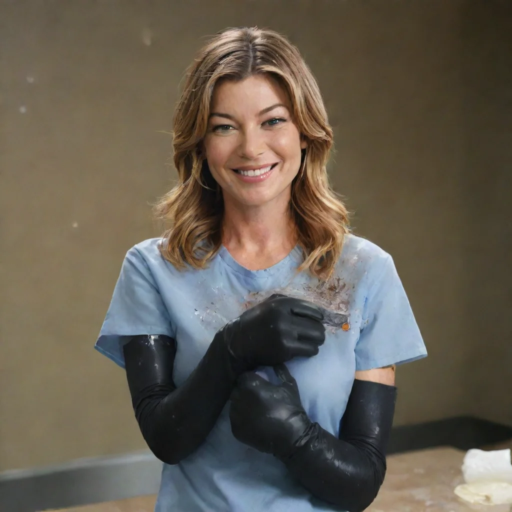 aitrending ellen pompeo as meredith grey from grey%27s anatomy smiling with black deluxe nitrile  gloves and gun and mayonnaise splattered everywhere good looking fantastic 1