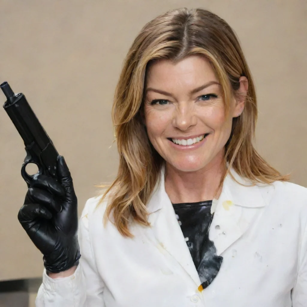 trending ellen pompeo smiling  with black nitrile gloves and gun and mayonnaise splattered everywhere good looking fantastic 1