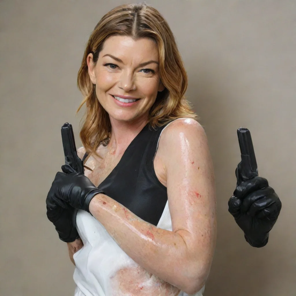 trending ellen pompeo smiling with black deluxe nitrile  gloves and gun and mayonnaise splattered everywhere good looking fantastic 1