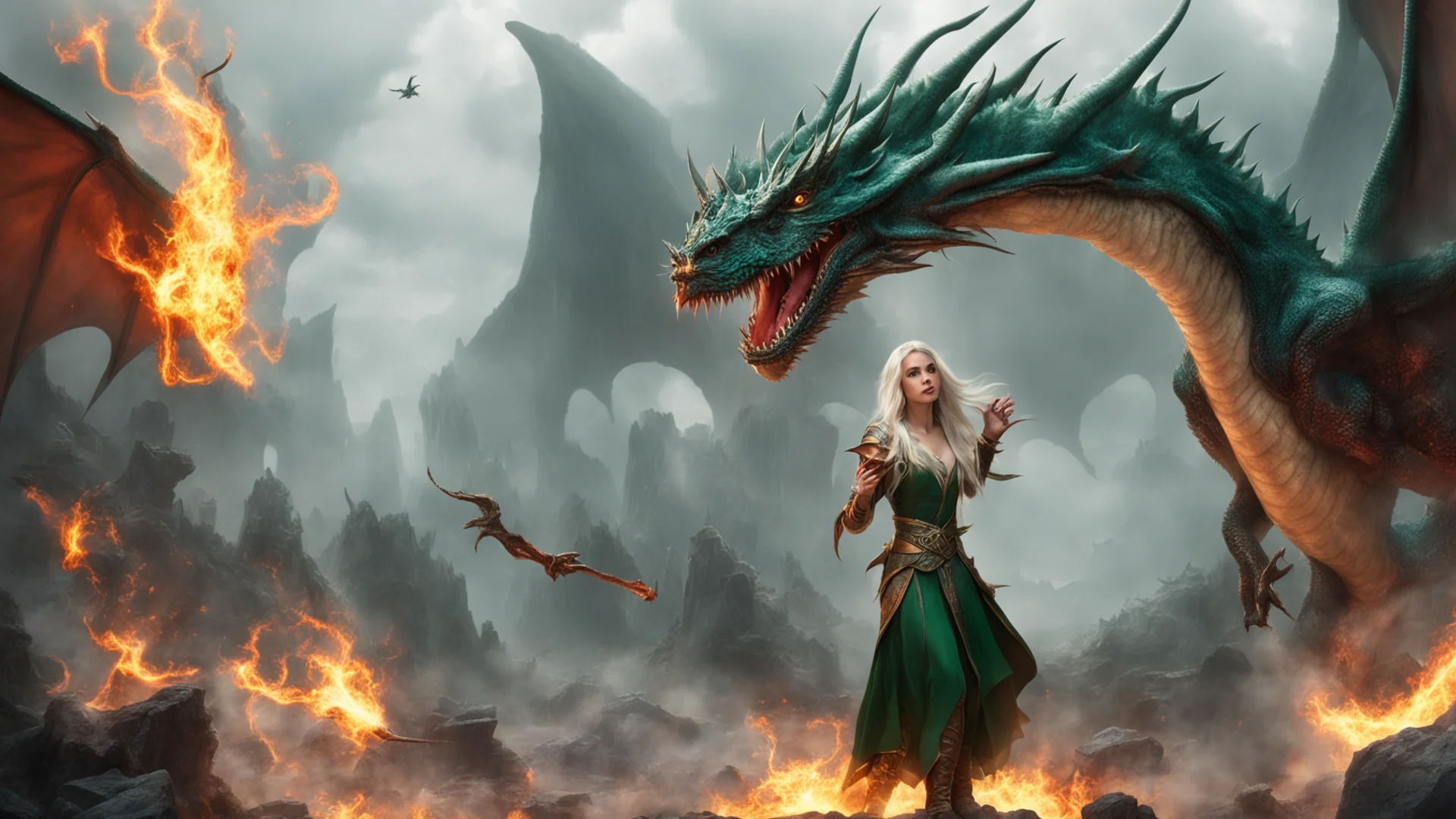 aitrending elven princess casts a spell in front of attacking dragon good looking fantastic 1 wide