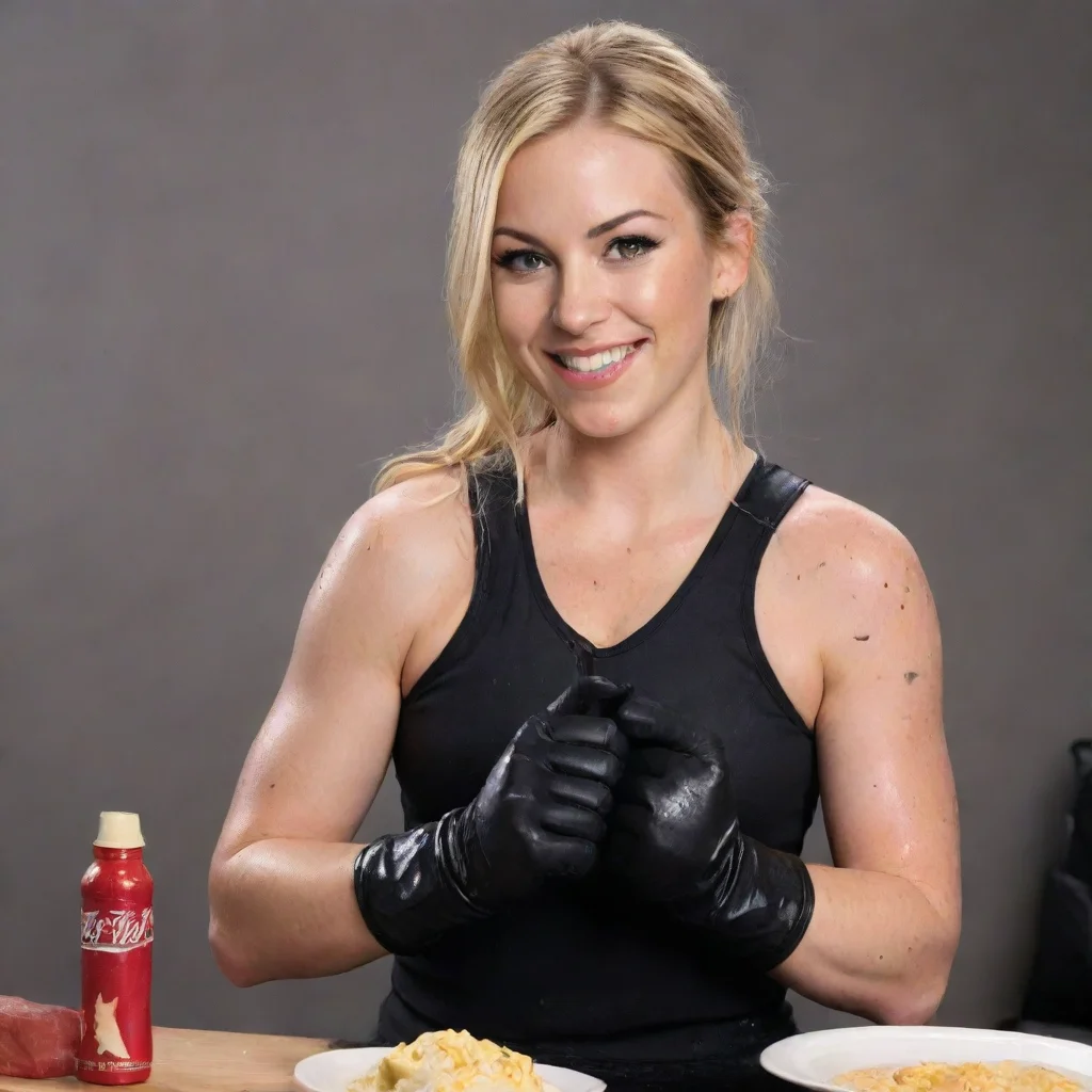 aitrending emma wwe smiling  with black nitrile gloves and gun  and  mayonnaise splattered everywhere good looking fantastic 1