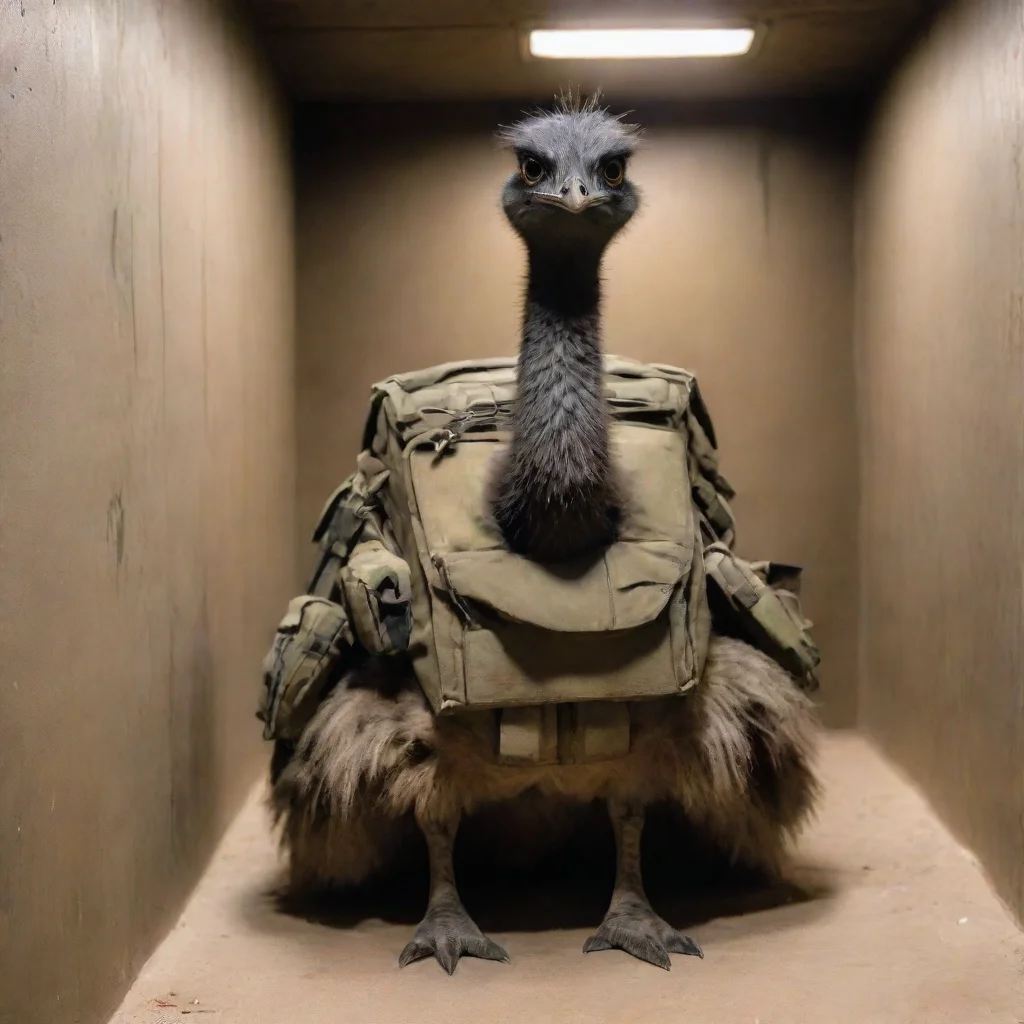 aitrending emu in a bunker wearing combat gear good looking fantastic 1