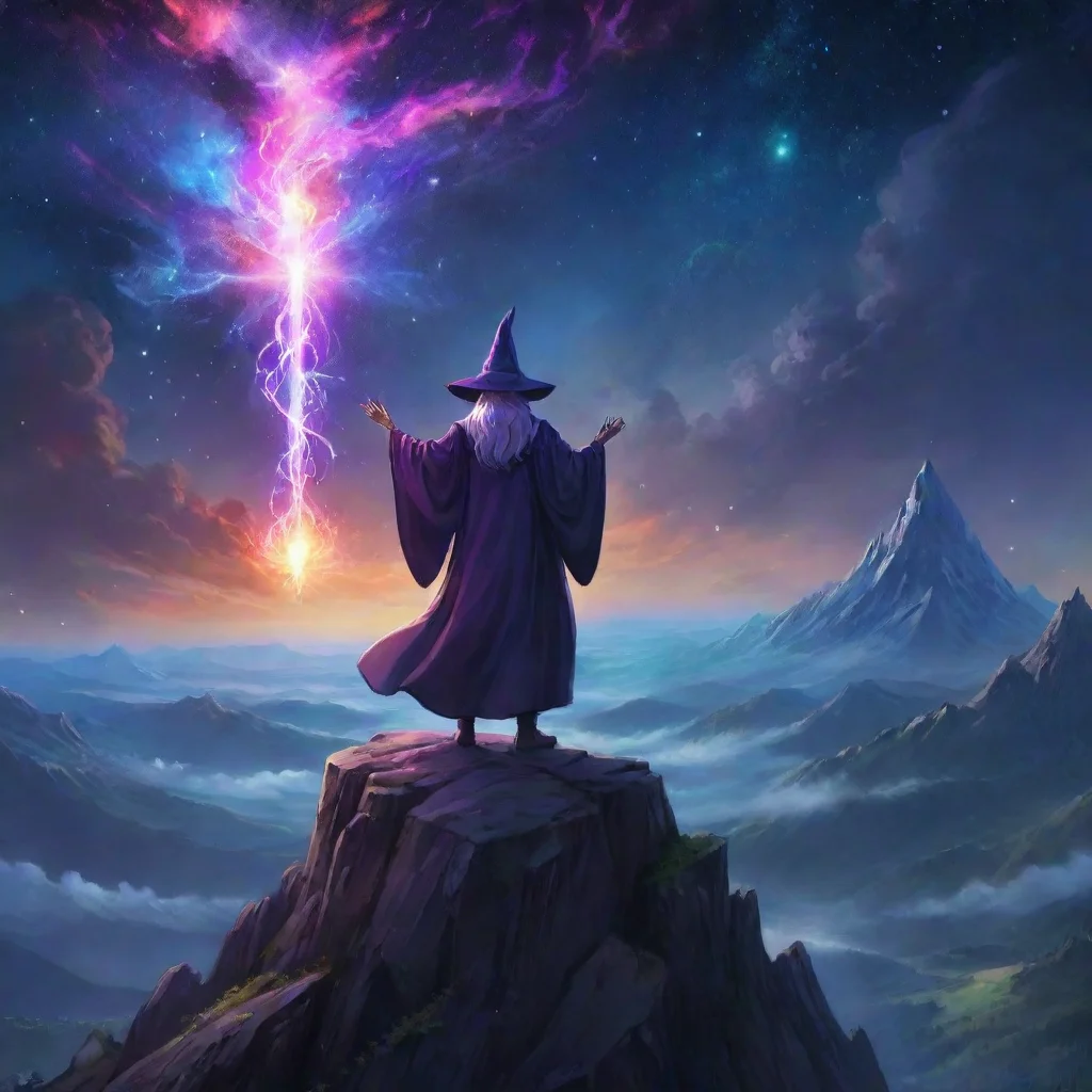 trending epic anime artwork of a wizard atop a mountain at night casting a cosmic spell into the dark sky that says %22stable diffusion 3%22 made out of colorful energy good looking fantastic 1