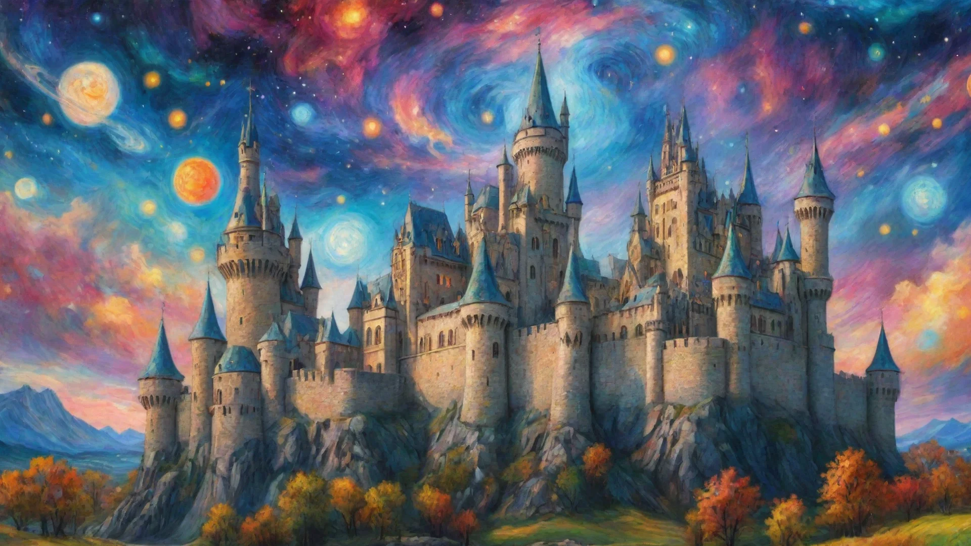 trending epic castle with colorful artistic sky planets van gogh style detailed hd asthetic castle good looking fantastic 1 wide