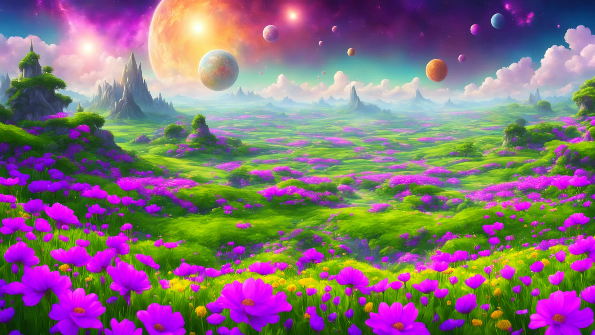 trending epic fantasy background colorful flower meadows village covered in flowers two saturn ringed planets overhead confident engaging wow artstation art 3 wide good looking fantastic 1 wide