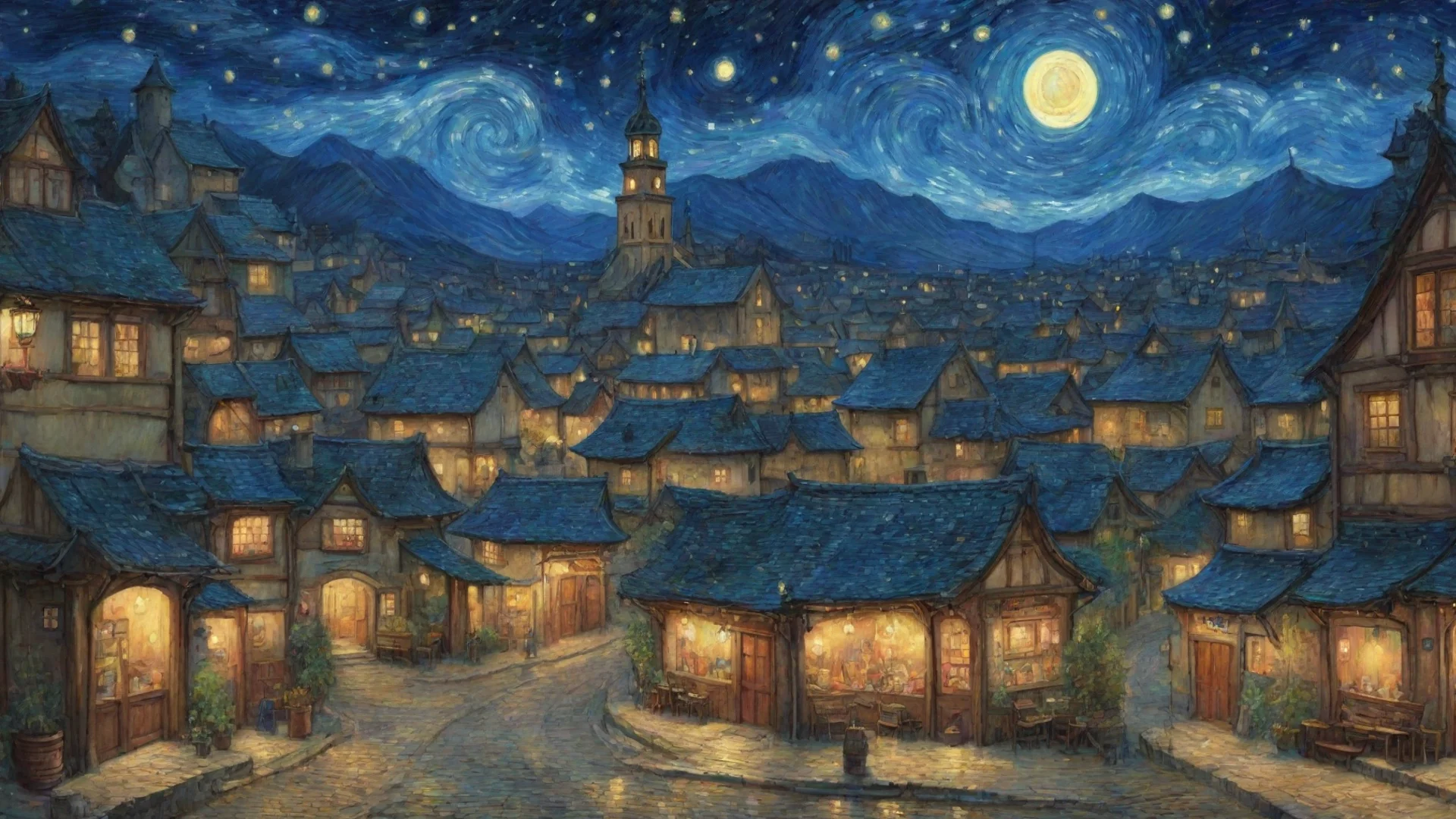 trending epic lovely artistic ghibli van gogh stary night anime town detailed asthetic good looking fantastic 1 wide
