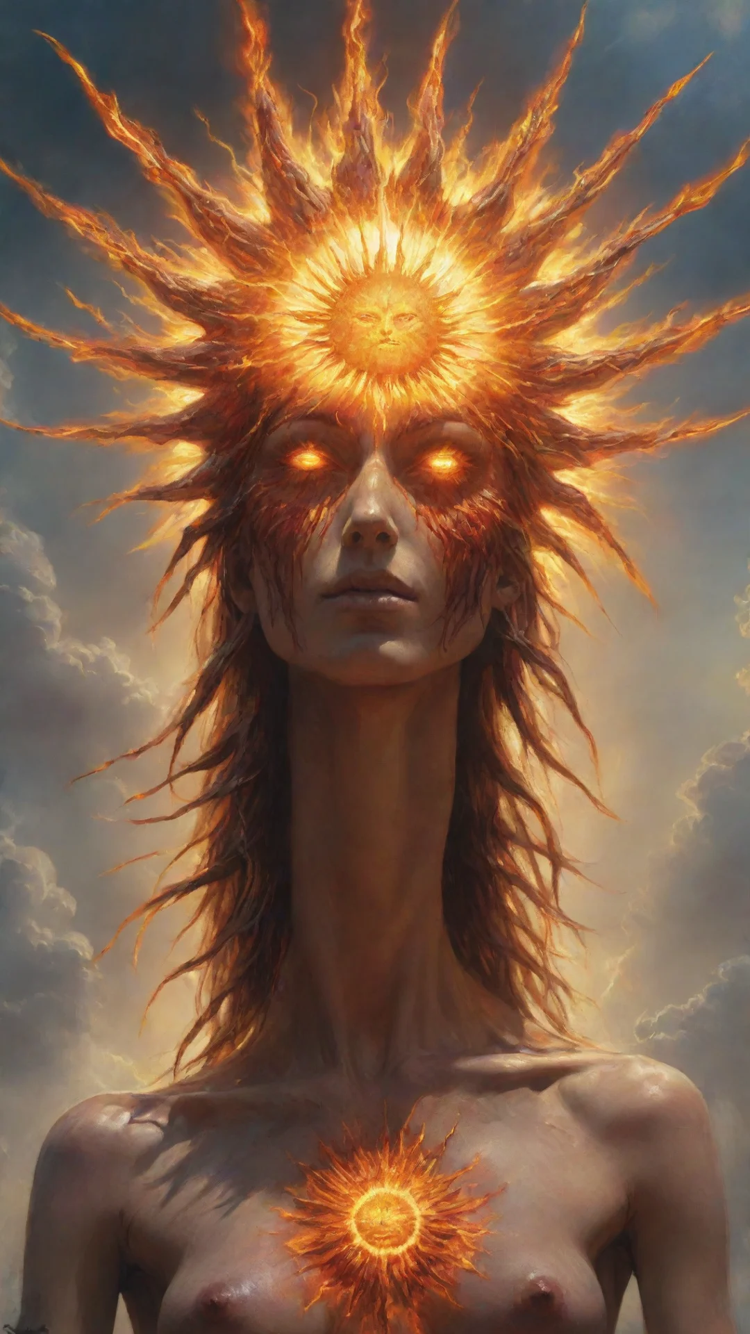 trending epic sun god beautiful painting dystopic spiritual symbolism vengeful octane render hyper realistic  in the style of bek good looking fantastic 1 tall