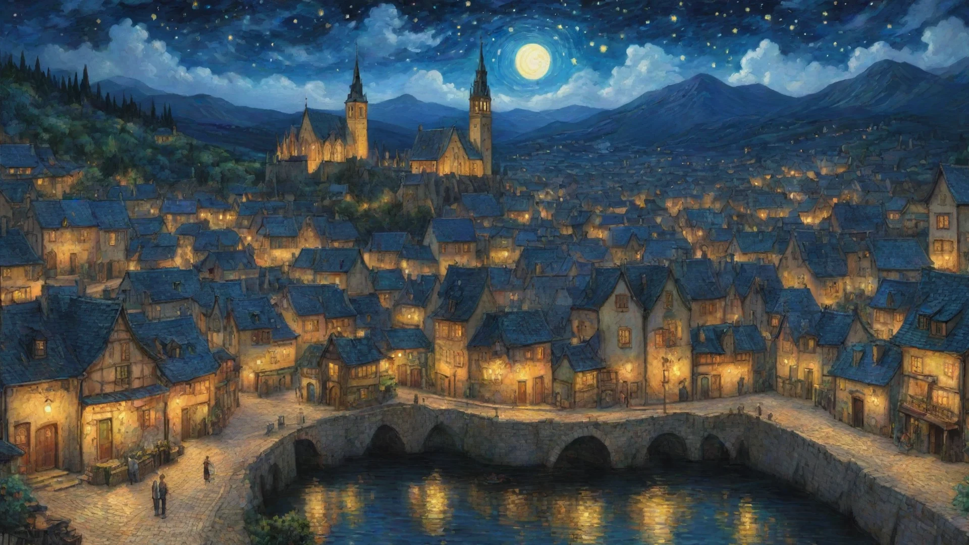 aitrending epic town lit up at night sky epic lovely artistic ghibli van gogh happyness bliss peace  detailed asthetic hd wow good looking fantastic 1 wide